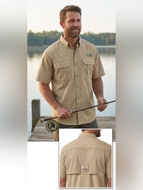 Red Head Brand Co Mens Medium Tan Short Sleeve Fishing Shirt Ventilated Utility